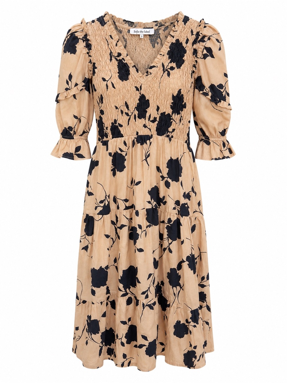 Sofie The Label Beige Black Floral Smocked Dress Puffed Sleeves